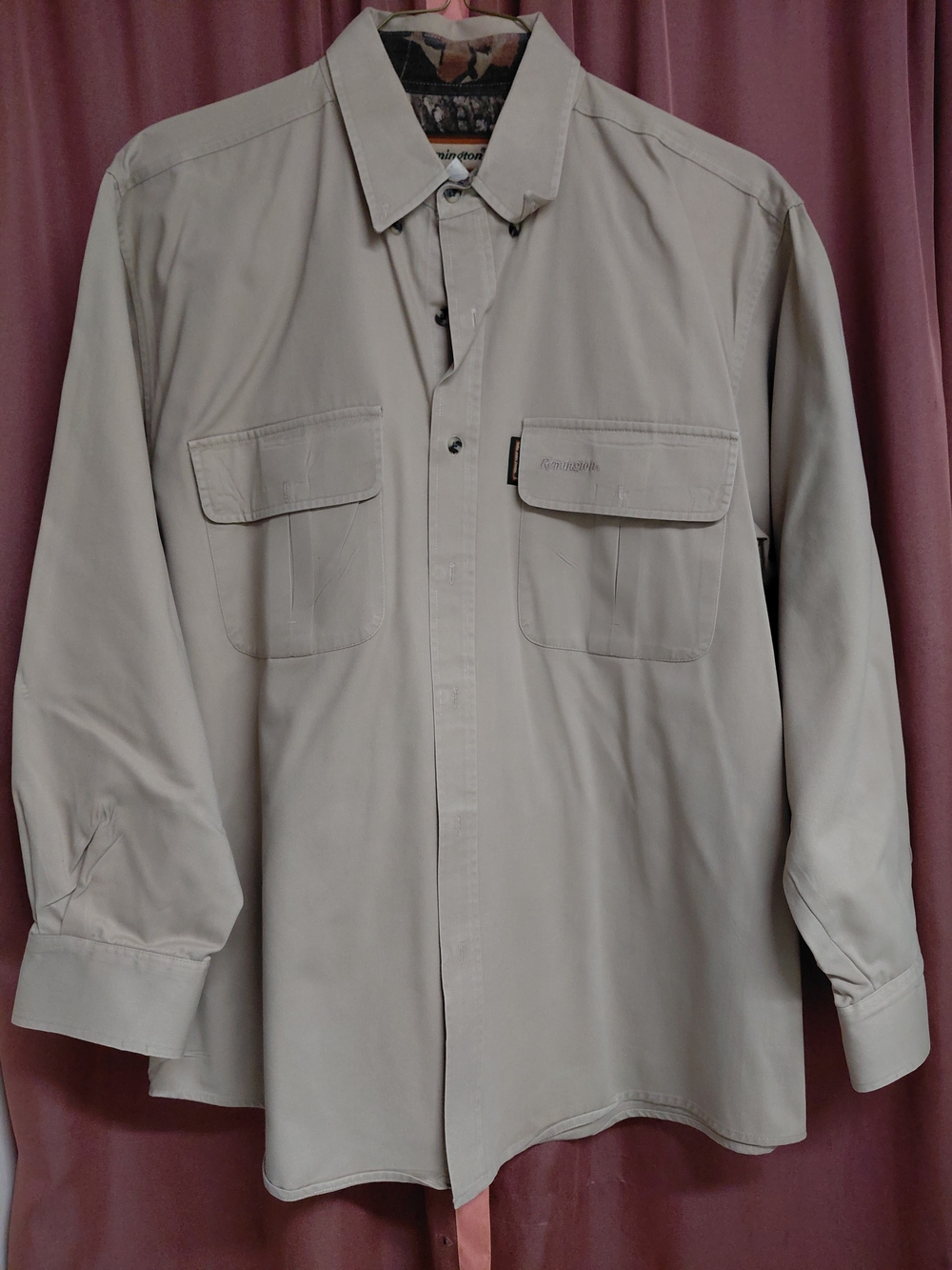 Remington Beige Men's Long Sleeve Button-Down Utility Shirt- Camo Accents